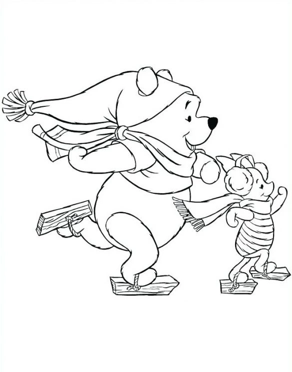 Kolorowanka Kubuś Puchatek i Prosiaczek witają grudzień na nartach